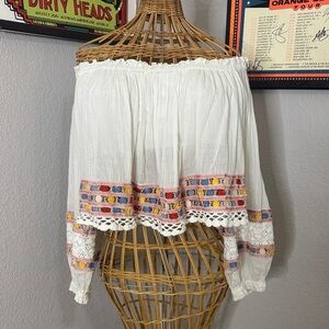 Free People White Boho Blouse with Multicolor Accents